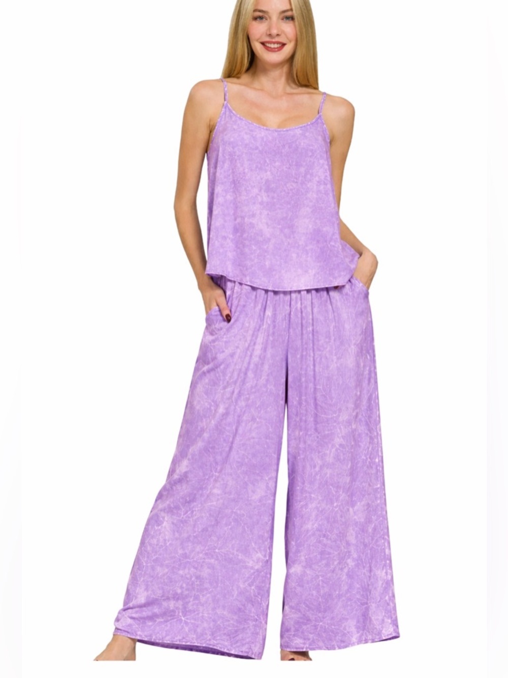 Zenana Wide-Leg Spaghetti Strap 2 Piece Set Lilac Purple Acid Wash